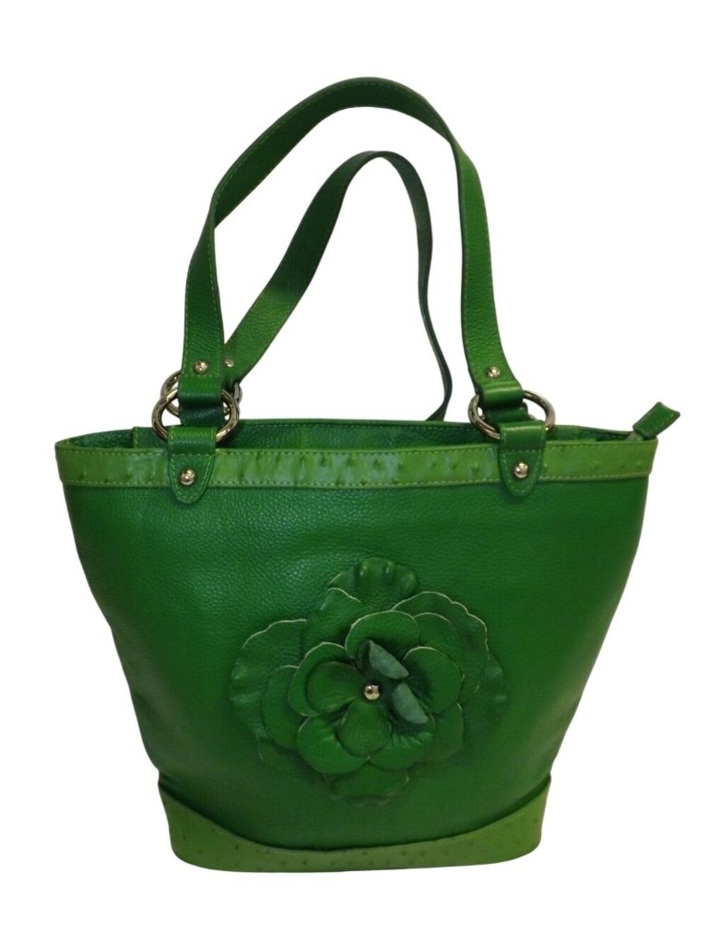 Green Leather Tote Bag Floral Accent Leopard Print Lining  Isabella Adams